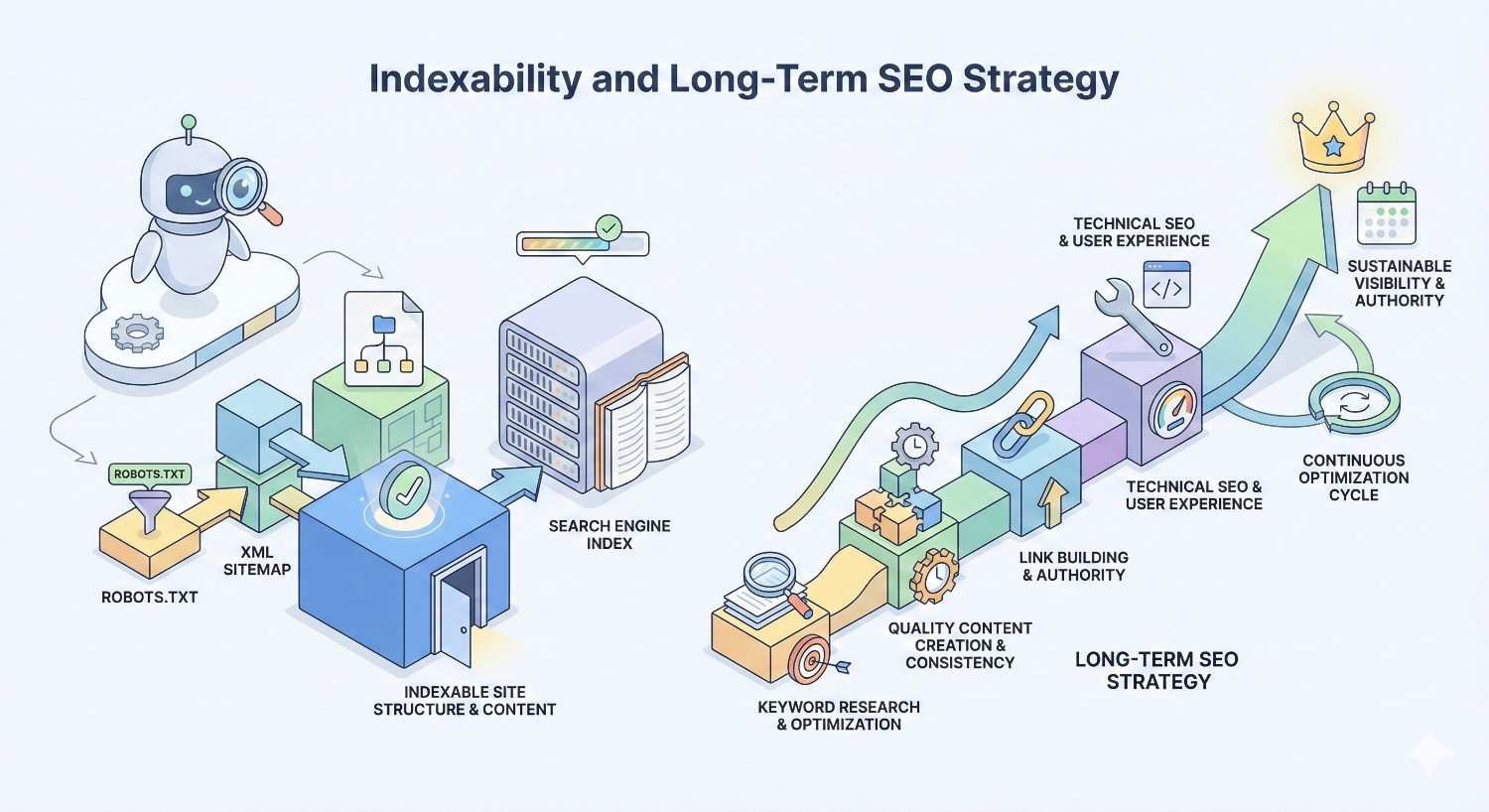 Illustration showing how indexability supports long-term SEO strategy, from robots.txt and sitemaps enabling crawlable site structure and search engine indexing, to ongoing keyword optimization, quality content, link building, technical SEO, user experience improvements, and continuous optimization for sustainable visibility and authority.