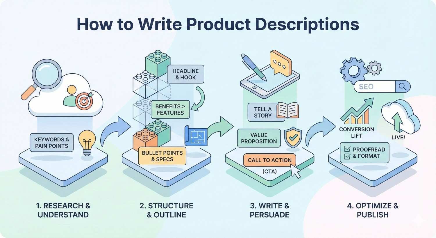 An infographic titled “How to Write Product Descriptions” outlines four steps: research keywords and pain points, structure with headlines and specs, write persuasive stories and CTAs, then optimize for SEO, proofreading, publishing, and conversion lift.