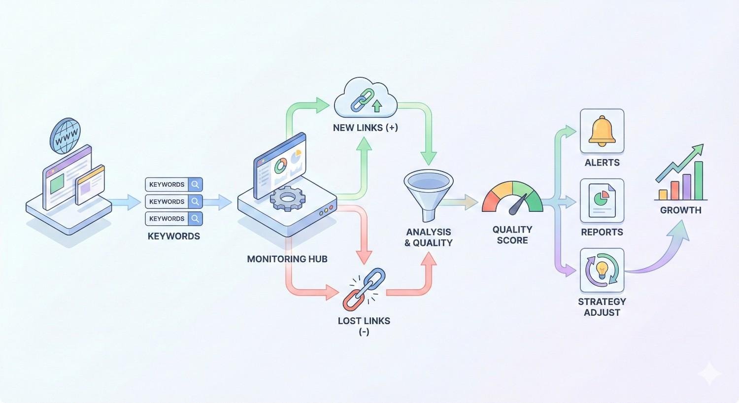 Diagram showing keywords feeding a monitoring hub that tracks new and lost links, analyzes quality, assigns a score, then triggers alerts, reports, and strategy adjustments, ultimately driving SEO growth illustrated by upward charts and arrows in a clean isometric workflow style.