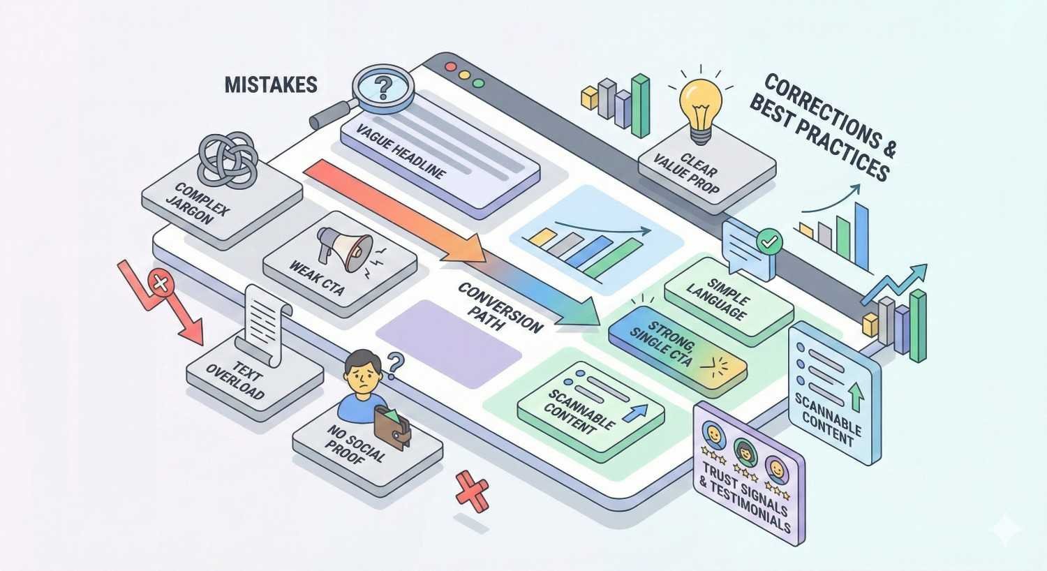 An illustrated infographic contrasts landing page mistakes—vague headlines, jargon, weak CTAs, text overload, and no social proof—with best practices like clear value propositions, simple language, strong single CTAs, scannable content, and trust signals to improve the conversion path.