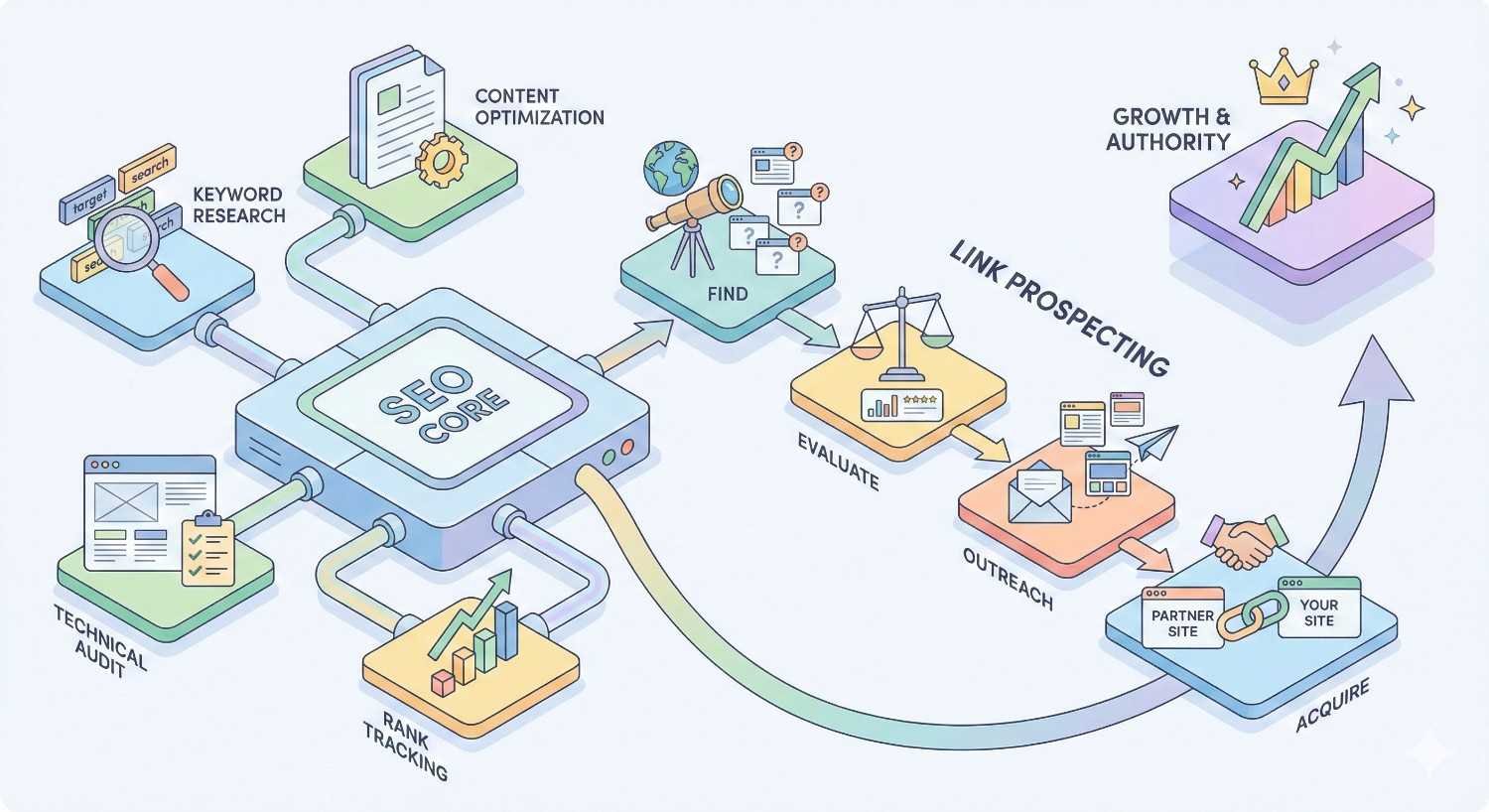 SEO workflow illustration showing an “SEO Core” connected to keyword research, technical audits, content optimization, and rank tracking, then a link-prospecting cycle of finding, evaluating, outreach, and acquiring links, leading to growth and authority with upward charts and icons.