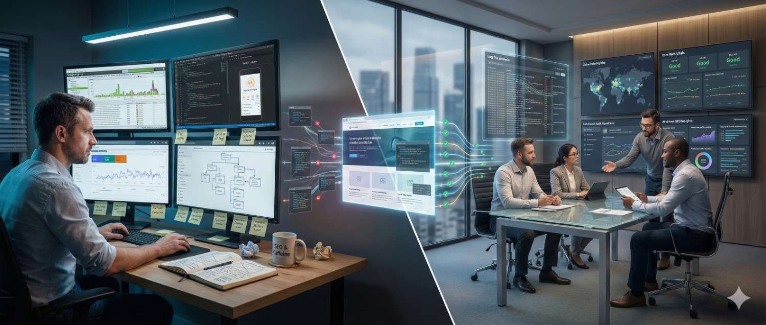 Split-screen scene showing an SEO professional analyzing dashboards, code, and performance metrics at a workstation on one side, and a team meeting on the other, discussing data-driven SEO strategy, website optimization, reporting, and growth using real-time analytics displays.