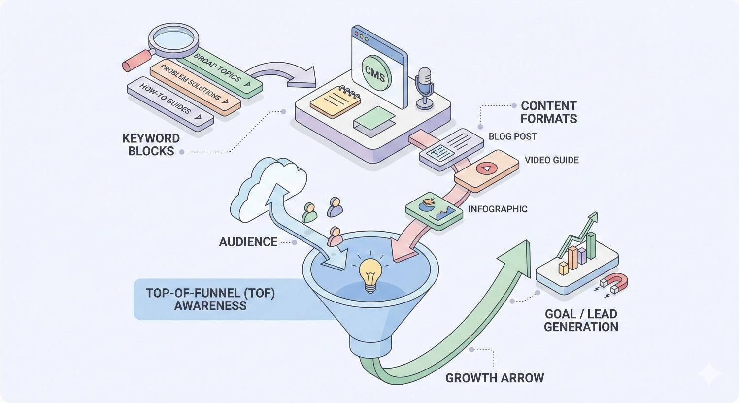 Isometric illustration of a top-of-funnel content strategy, showing keyword blocks and CMS content formats like blog posts, videos, and infographics attracting an audience into an awareness funnel, leading to growth, goal completion, and lead generation through SEO-driven content marketing.