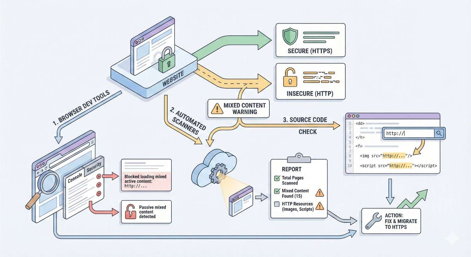 Infographic illustrating how to detect and fix mixed content. It shows a website with HTTPS and HTTP elements, browser dev tools warnings, automated scanners, source code checks, and a report highlighting mixed content. Final action step recommends fixing issues and migrating all resources to HTTPS.