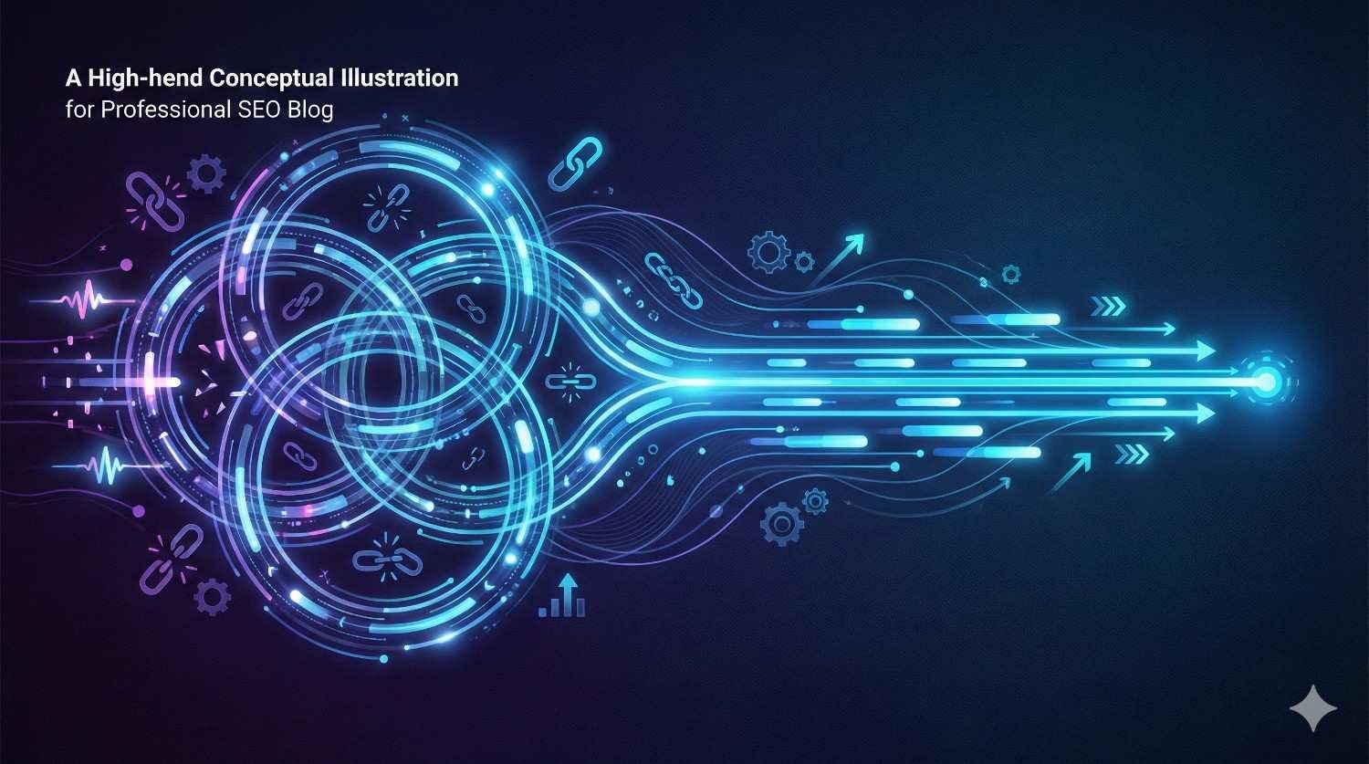 Futuristic neon illustration showing interconnected glowing circles and chain links transforming into fast-moving arrows and data streams. Blue and purple light effects, gears, analytics icons, and signal waves suggest SEO strategy, link building, and digital growth on a dark gradient background.