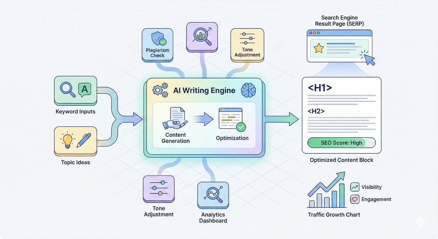 An infographic shows an AI writing engine taking keyword inputs and topic ideas, running plagiarism checks, tone adjustment, and analytics, then producing optimized content blocks with high SEO scores that appear on search results pages and drive traffic, visibility, and engagement growth.