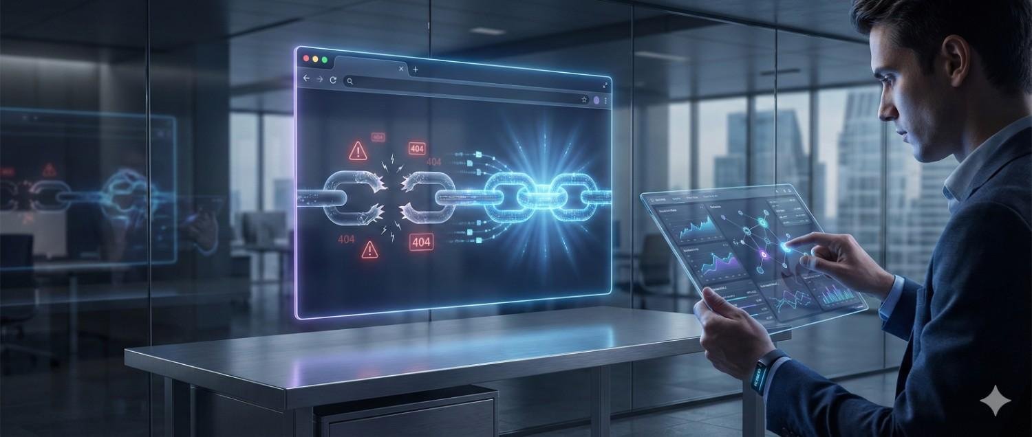 A businessman in a modern glass office analyzes a tablet displaying analytics charts while a holographic screen shows a broken digital chain with 404 error warnings. The scene symbolizes identifying and fixing broken links to restore website connectivity and performance.