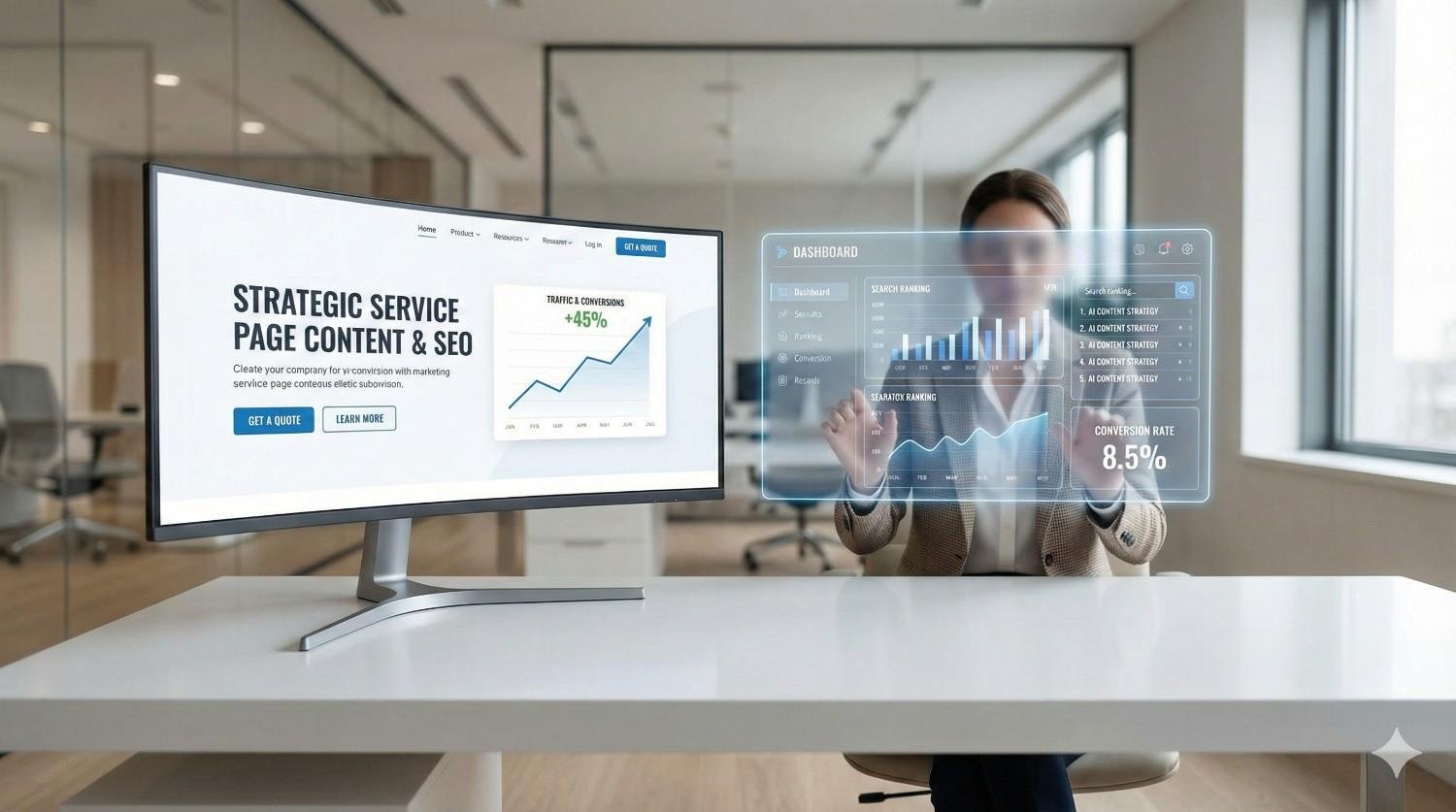 A woman sits at a desk in a modern office beside a monitor showing “Strategic Service Page Content & SEO” with traffic growth, while a transparent digital dashboard floats in front of her displaying analytics, charts, and an 8.5% conversion rate.