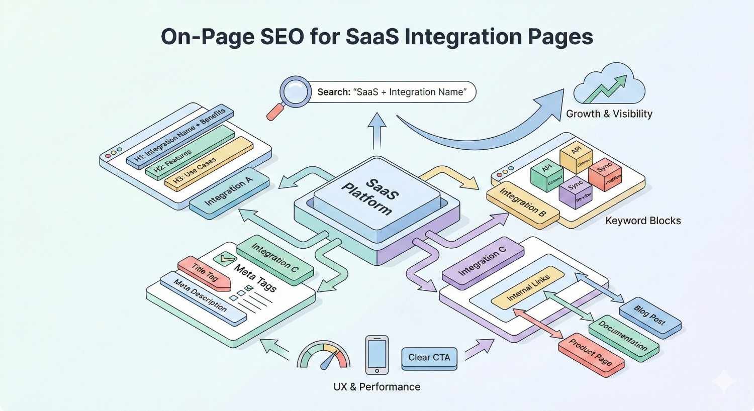 Isometric diagram illustrating on-page SEO for SaaS integration pages. A central SaaS platform connects optimized integration pages, meta tags, keyword blocks, internal links, UX performance, and clear CTAs. Arrows show improved search visibility, targeted traffic, and growth from ‘SaaS + integration’ search