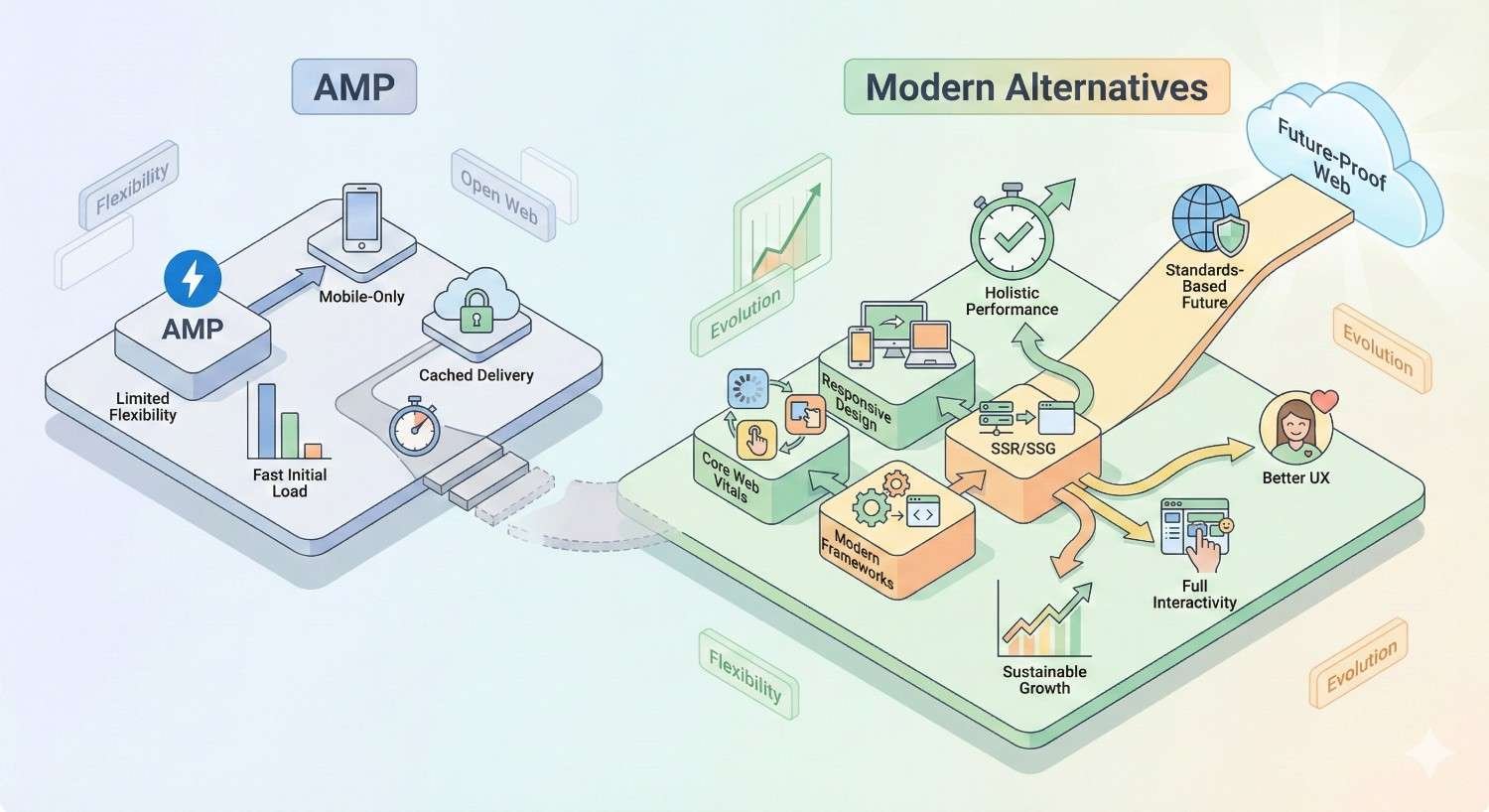 Infographic comparing AMP with modern alternatives. AMP highlights mobile-only, cached delivery, limited flexibility, and fast initial load. Modern approaches emphasize responsive design, Core Web Vitals, SSR/SSG, modular frameworks, holistic performance, full interactivity, better UX, sustainable growth, and standards-based, future-proof web development.