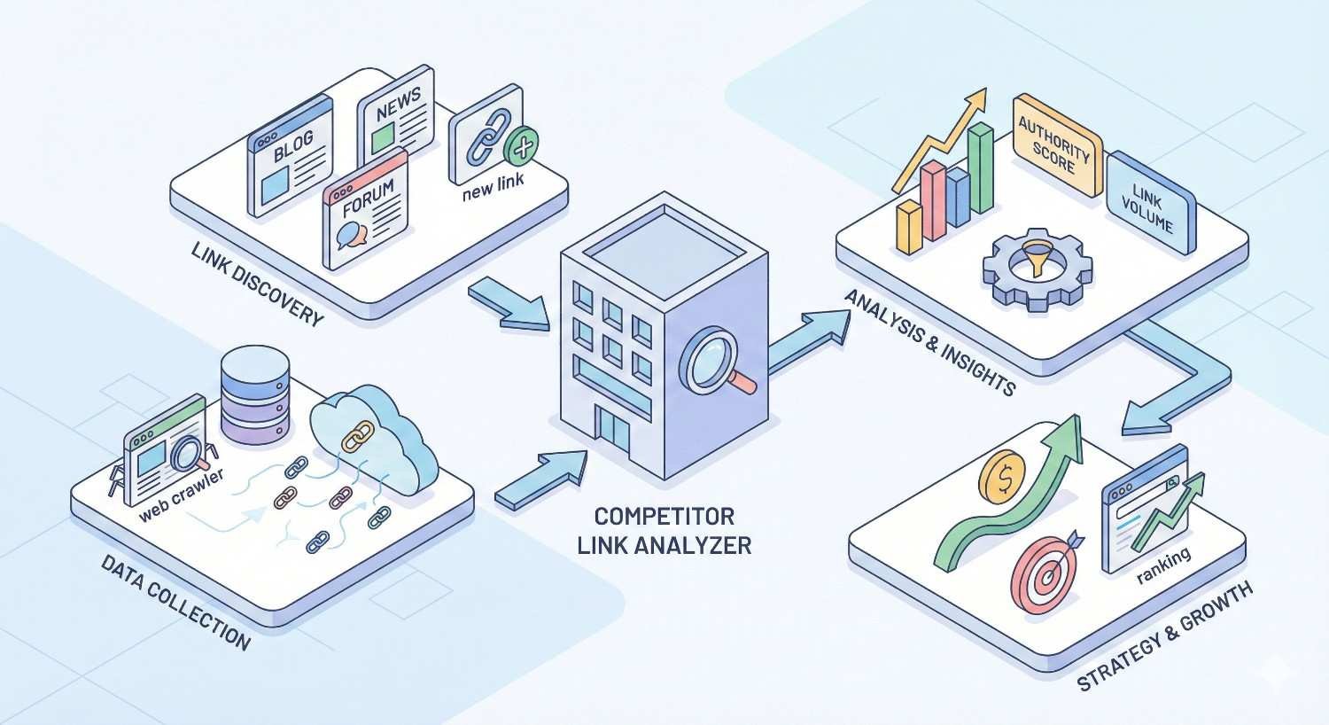 Infographic of a competitor link analyzer workflow. Shows link discovery from blogs, news, and forums, data collection via web crawler, central analysis engine, insights on authority score and link volume, and strategy growth with ranking and revenue charts, connected by directional arrows in a clean, pastel design.