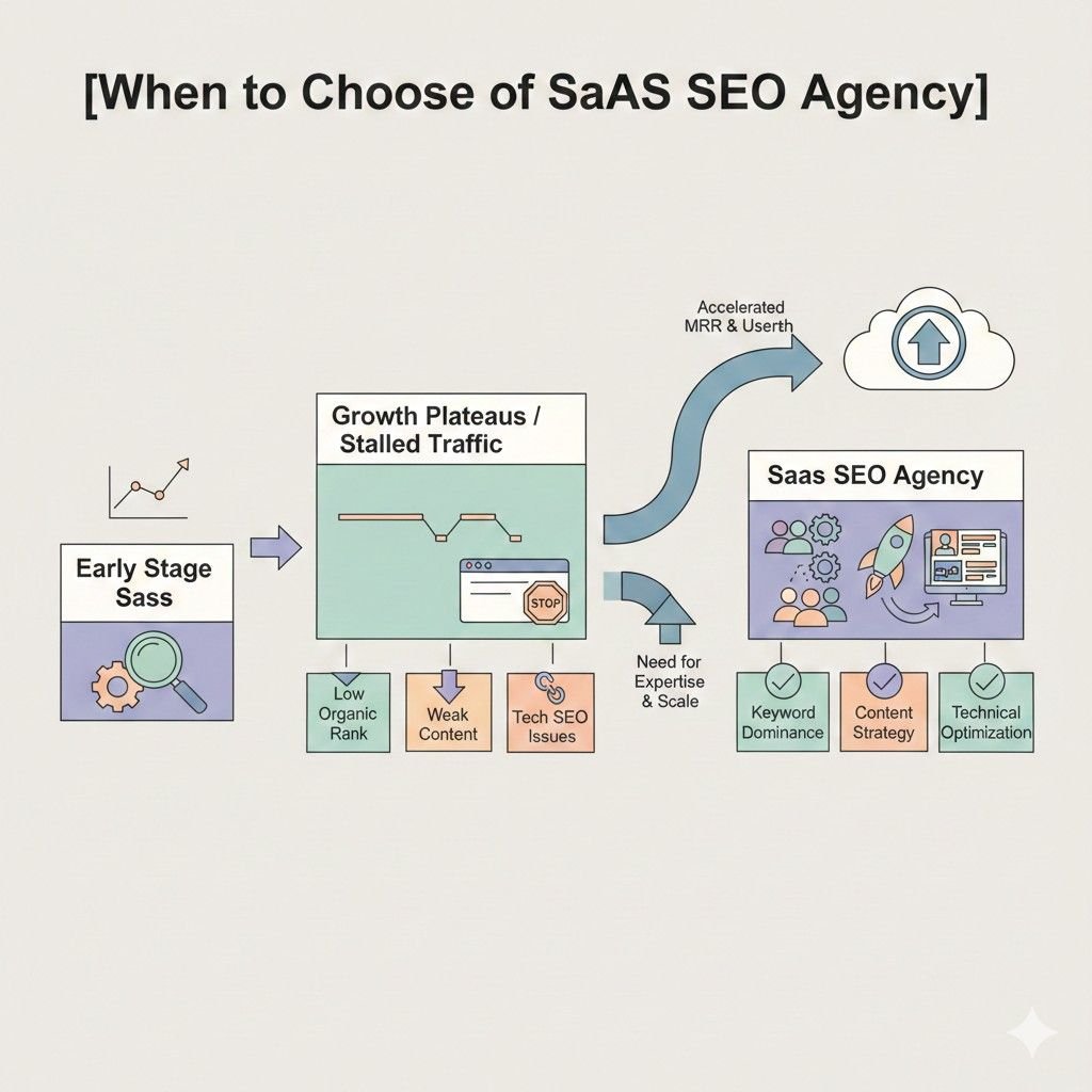 Flowchart illustrating when to choose a SaaS SEO agency. It shows early-stage SaaS facing growth plateaus, low rankings, weak content, or technical SEO issues, then moving to an agency for expertise, scalable execution, keyword dominance, content strategy, technical optimization, and accelerated MRR growth.
