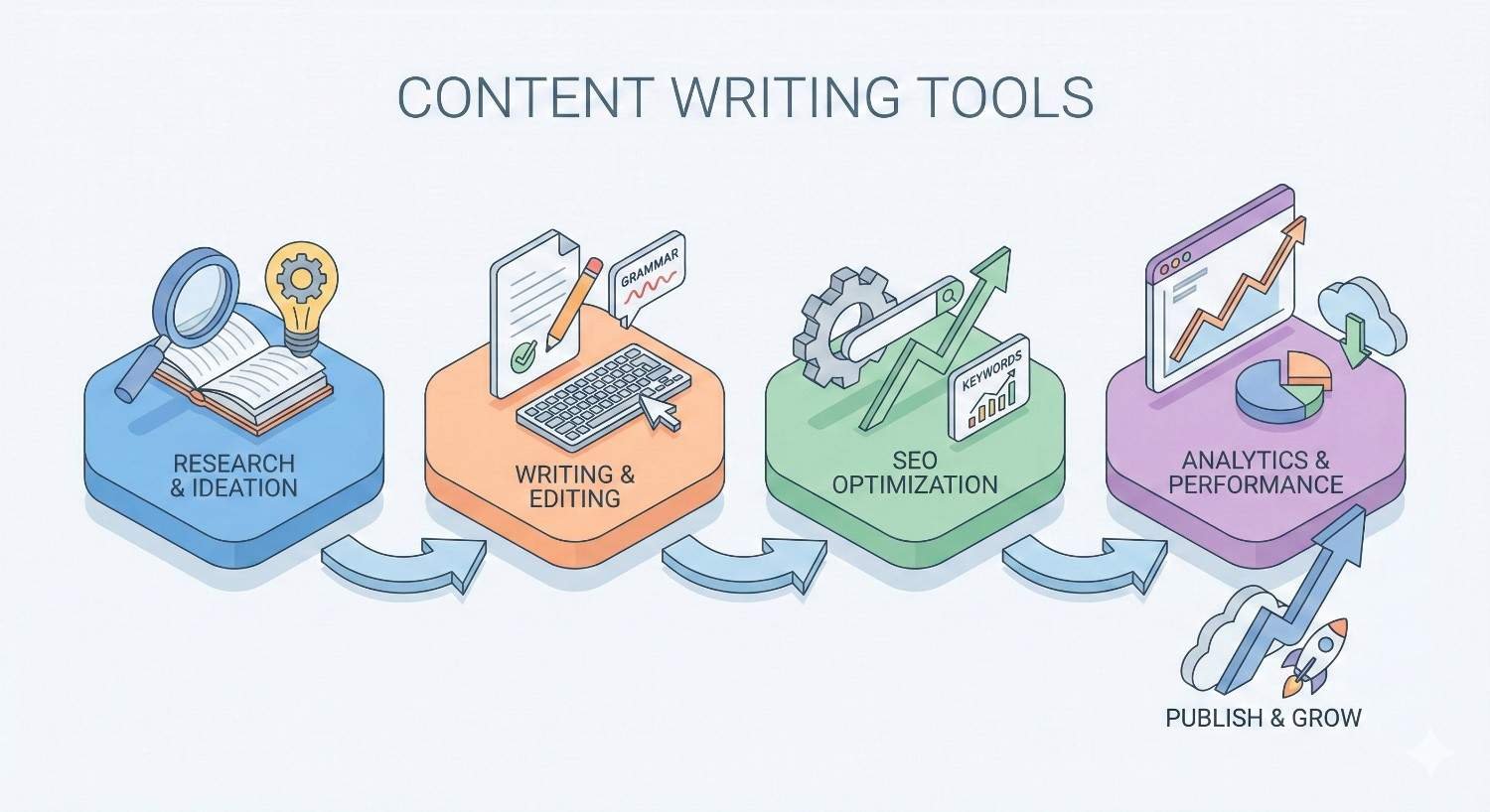An illustrated workflow titled “Content Writing Tools” shows stages for research and ideation, writing and editing, SEO optimization, and analytics and performance, followed by publishing and growth, represented with icons like books, keyboards, gears, charts, and upward arrows.
