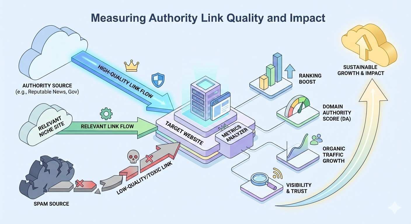 Infographic titled “Measuring Authority Link Quality and Impact” showing high-quality and relevant links flowing from trusted sources to a target website, while toxic links are blocked, leading to ranking boosts, higher domain authority, organic traffic growth, visibility, and sustainable SEO impact.