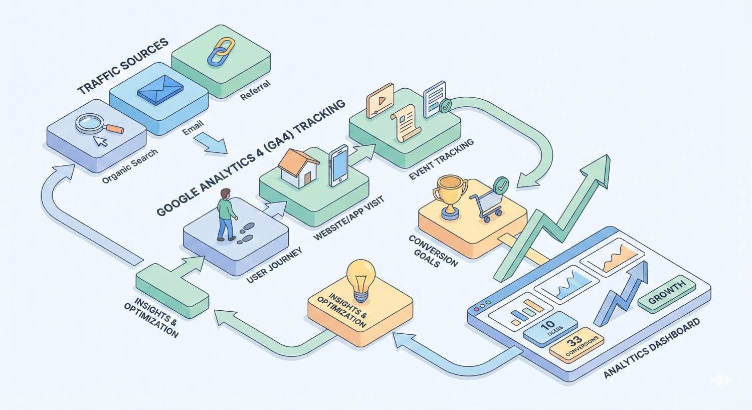 Infographic showing Google Analytics 4 tracking traffic sources like search, email, and referrals, mapping the user journey and events to conversion goals, analytics dashboards, growth metrics, and a feedback loop for insights and optimization.