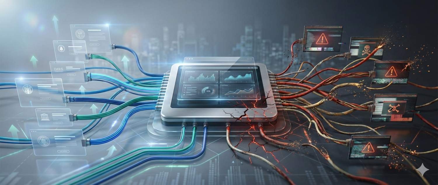 Conceptual image of a central digital dashboard connected by cables. Blue and green wires on the left show positive data flow and growth, while red, damaged wires on the right display warning signs, malware icons, and cracks, symbolizing healthy SEO versus harmful, risky link practices.