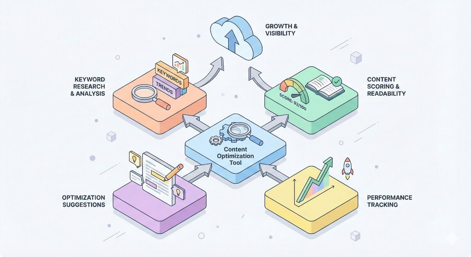 An illustrated content optimization cycle shows keyword research, scoring and readability checks, performance tracking, and optimization suggestions feeding a central tool, with arrows leading to growth and visibility icons, charts, and upward trends representing continuous SEO improvement.