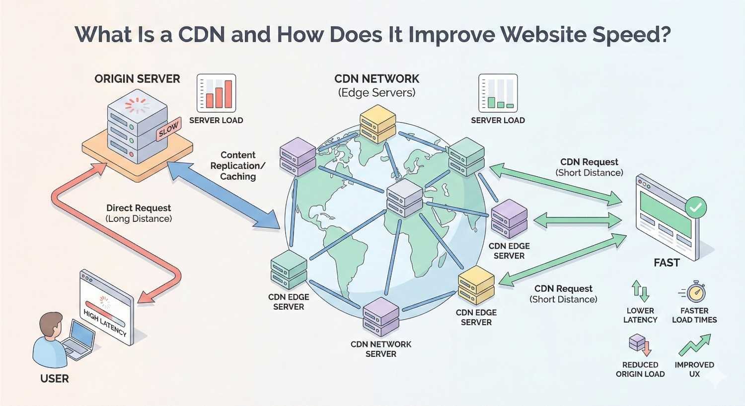 Infographic titled “What Is a CDN and How Does It Improve Website Speed?” showing an origin server with high load and long-distance requests, versus a global CDN network of edge servers delivering short-distance requests. Highlights reduced latency, faster load times, lower origin load, and improved user experience.