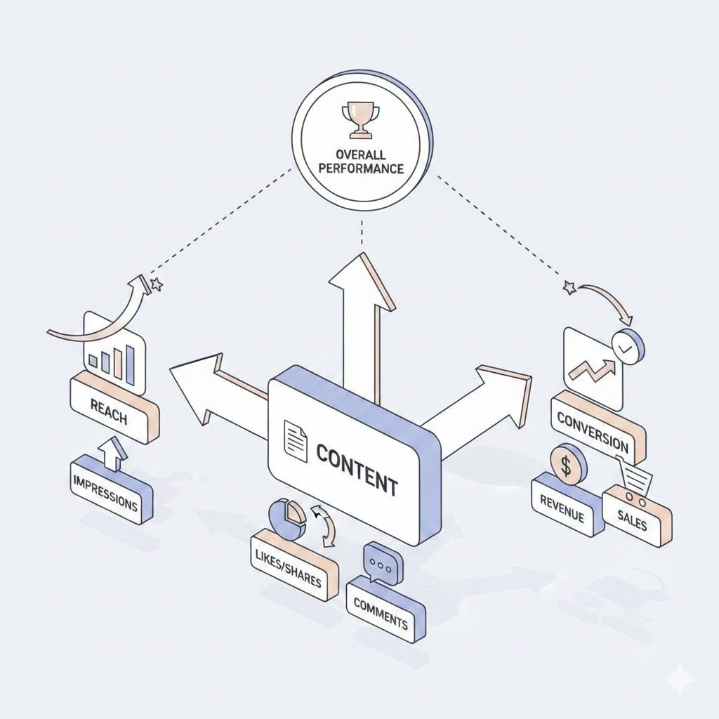 Isometric diagram showing how content drives overall performance. Content connects to reach metrics like impressions, engagement signals such as likes, shares, and comments, and conversion outcomes including sales and revenue, all contributing to improved overall marketing performance.
