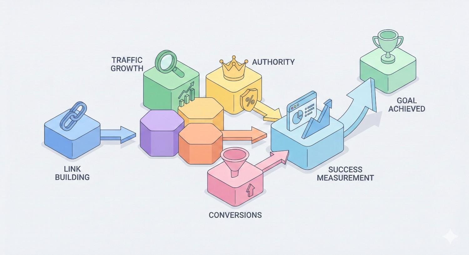 Infographic showing link building leading to traffic growth and authority, driving conversions and success measurement, culminating in goal achievement, illustrated with interconnected blocks, arrows, charts, and a trophy icon.