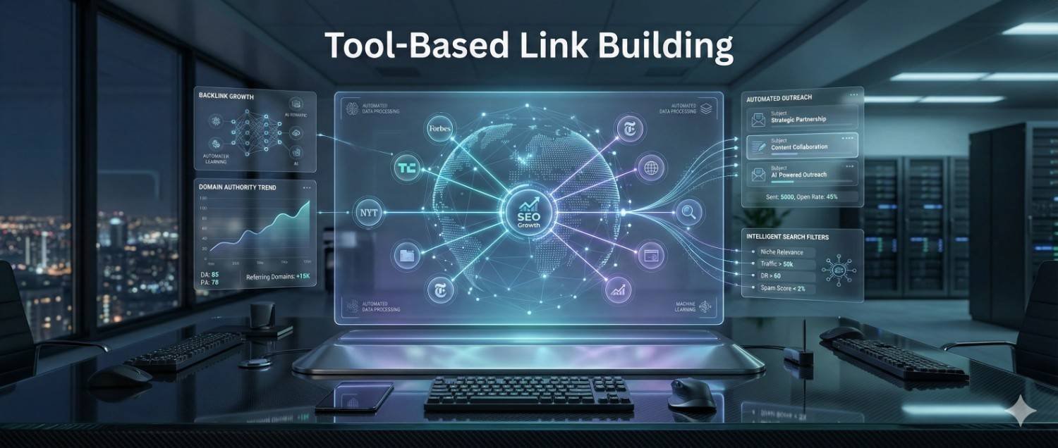 Futuristic office setup displaying a large digital dashboard titled “Tool-Based Link Building,” showing SEO growth, backlink metrics, domain authority trends, automated outreach, partnership collaboration, and intelligent search filters visualized around a connected global network interface.