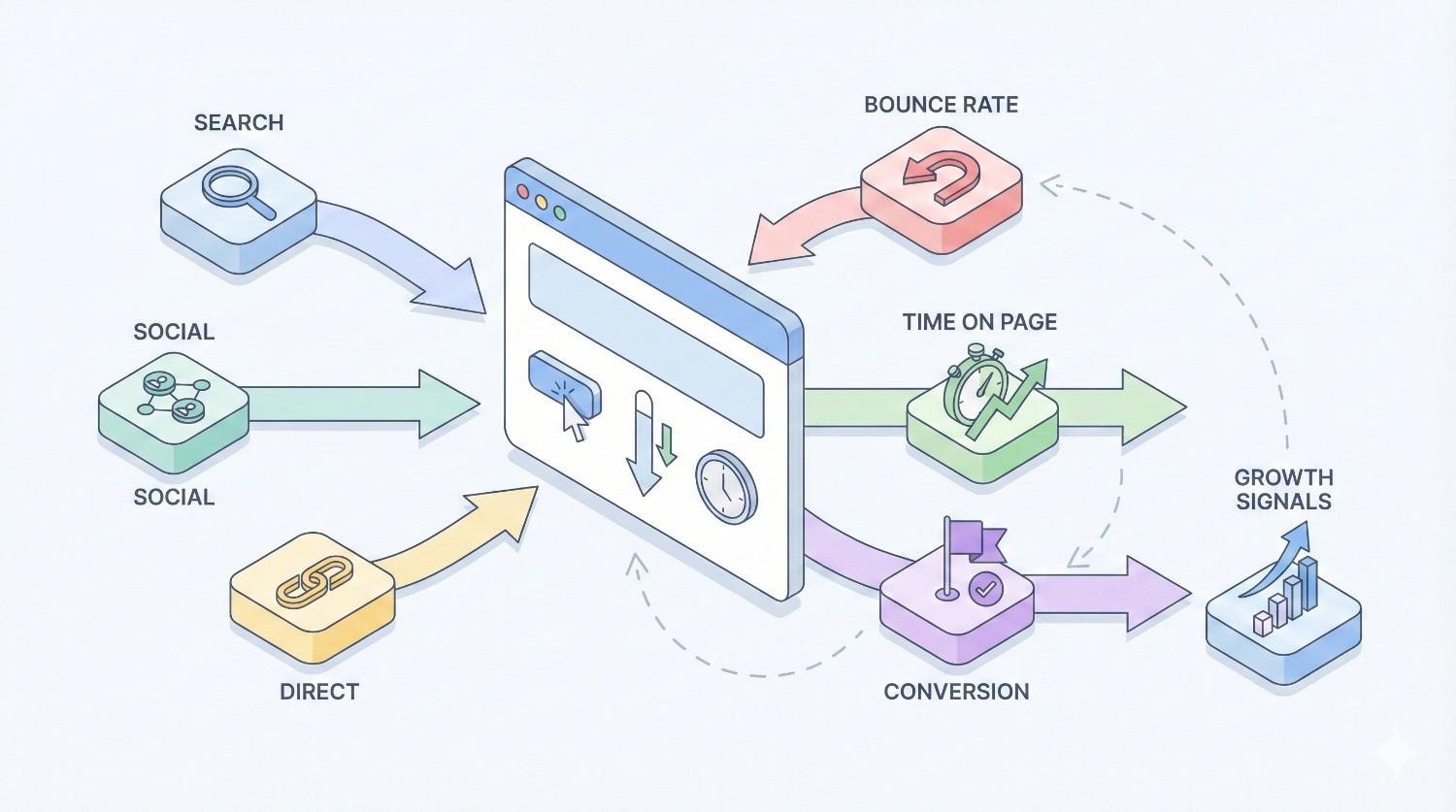 Infographic showing traffic sources—search, social, and direct—driving users to a website. Engagement metrics like bounce rate, time on page, and conversions influence growth signals, illustrating how user behavior impacts overall website performance and SEO success.