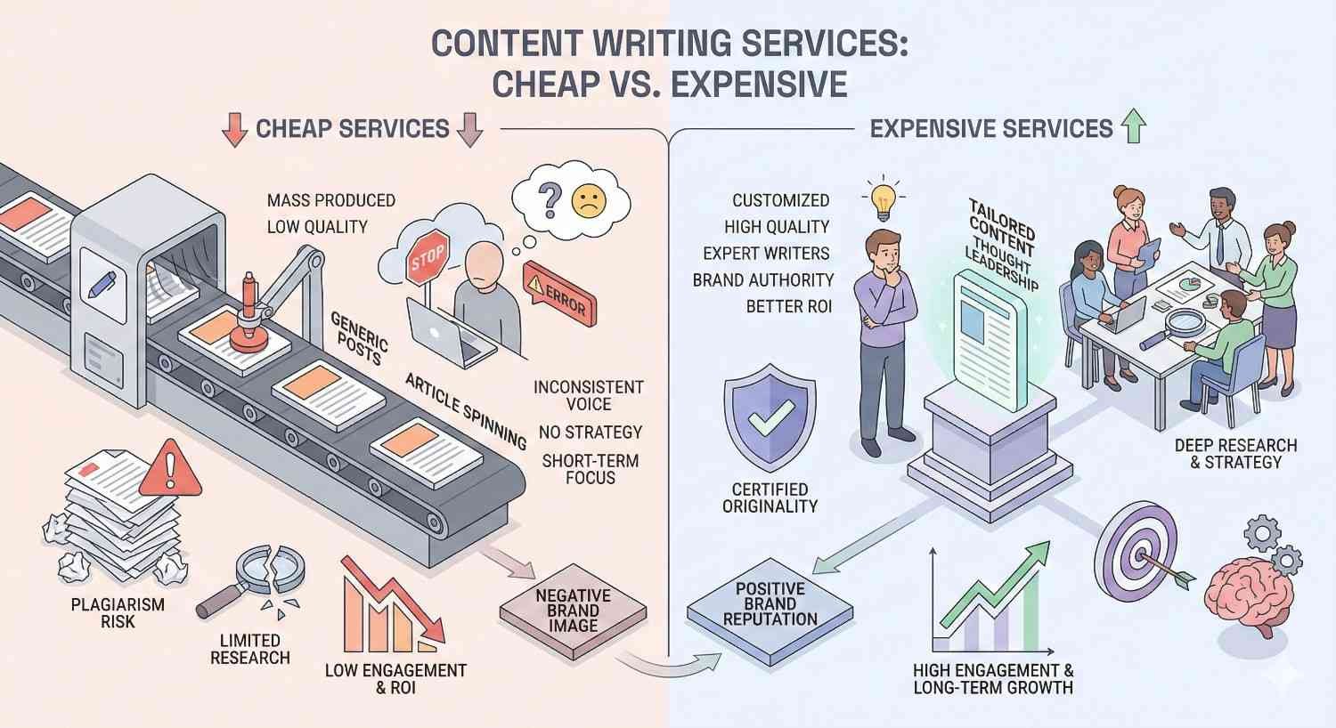 Split infographic comparing cheap versus expensive content writing services: cheap shows mass-produced posts, plagiarism risk, low engagement, and negative brand impact, while expensive highlights customized research, expert writers, originality, higher ROI, strong branding, and long-term growth.