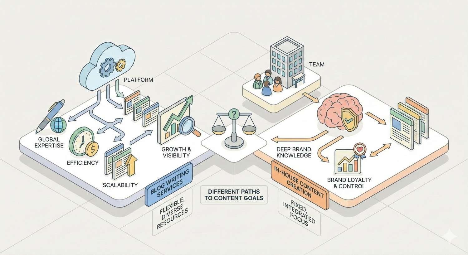 Isometric diagram comparing blog writing services and in-house content creation, showing a platform delivering scalability, efficiency, global expertise, and growth versus an internal team offering brand knowledge, loyalty, and control, with a scale in the center labeled “different paths to content goals.”