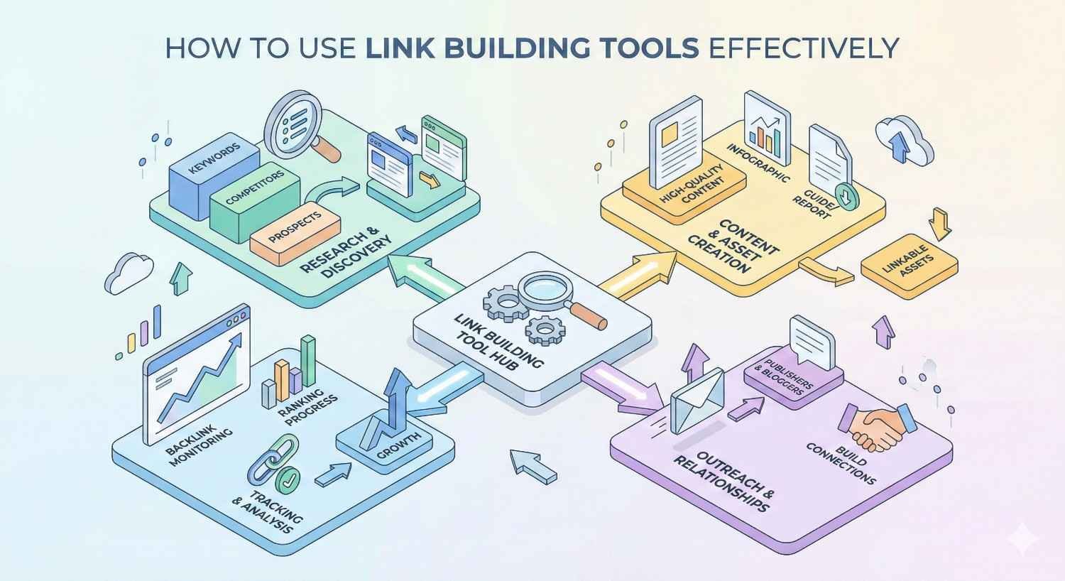 Infographic titled “How to Use Link Building Tools Effectively” showing a central tool hub connected to research and discovery, content creation, outreach and relationships, and tracking and analysis, with arrows illustrating a continuous workflow toward backlinks, ranking progress, and SEO growth.