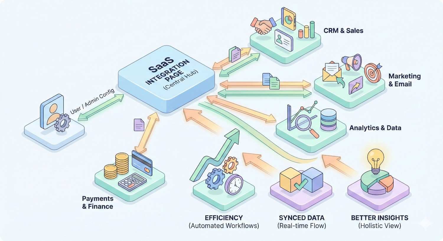 “Isometric illustration of a SaaS integration platform acting as a central hub. It connects CRM and sales, marketing and email, analytics, payments, and user settings. Arrows show automated workflows, real-time synced data, improved efficiency, and better business insights across connected systems