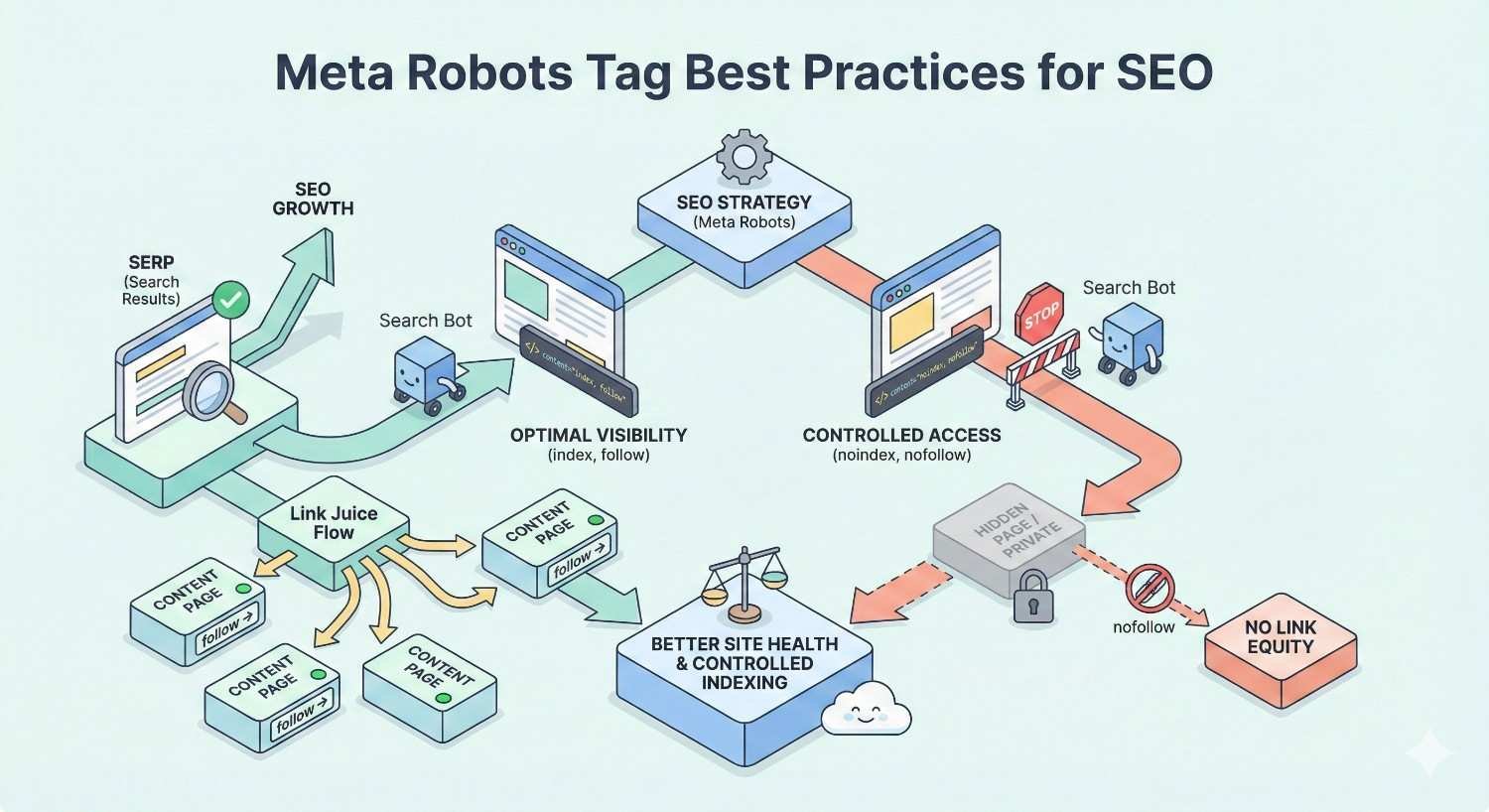 Infographic titled “Meta Robots Tag Best Practices for SEO” showing index, follow for optimal visibility and link juice flow, and noindex, nofollow for controlled access. It illustrates search bot behavior, improved site health, controlled indexing, and preventing link equity from passing to restricted pages.