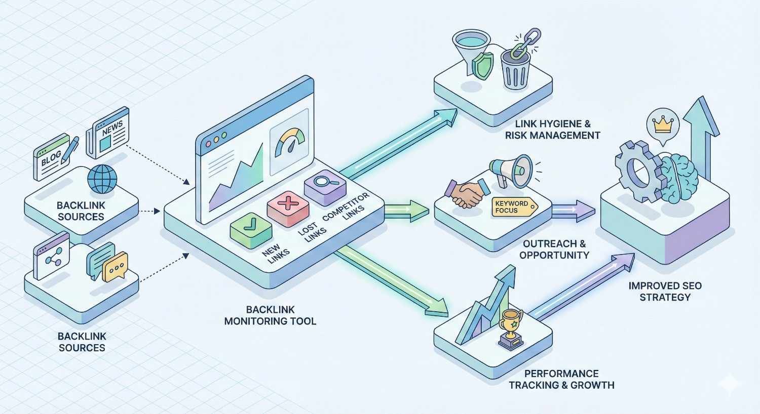 Isometric diagram of a backlink monitoring tool pulling data from blogs and news sites, analyzing new, lost, and competitor links, then feeding link hygiene, outreach, and performance tracking modules that lead to improved SEO strategy and growth shown by arrows, gears, and crown icons.