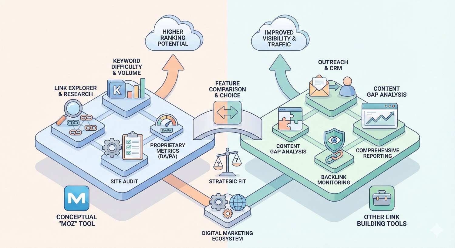 A split SEO comparison graphic contrasts a conceptual Moz-style tool and other link-building tools, showing site audits, keyword difficulty, content gap analysis, backlink monitoring, outreach, reporting, and strategic fit leading to higher rankings, improved visibility, and increased traffic.