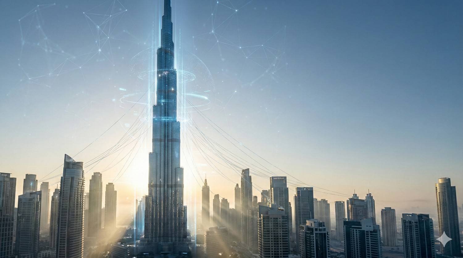 Futuristic view of Dubai skyline at sunrise featuring the Burj Khalifa at the center, surrounded by modern skyscrapers. Soft golden light and mist fill the scene, with glowing digital network lines and circular holographic elements overlaying the tower, suggesting smart city technology and connectivity.