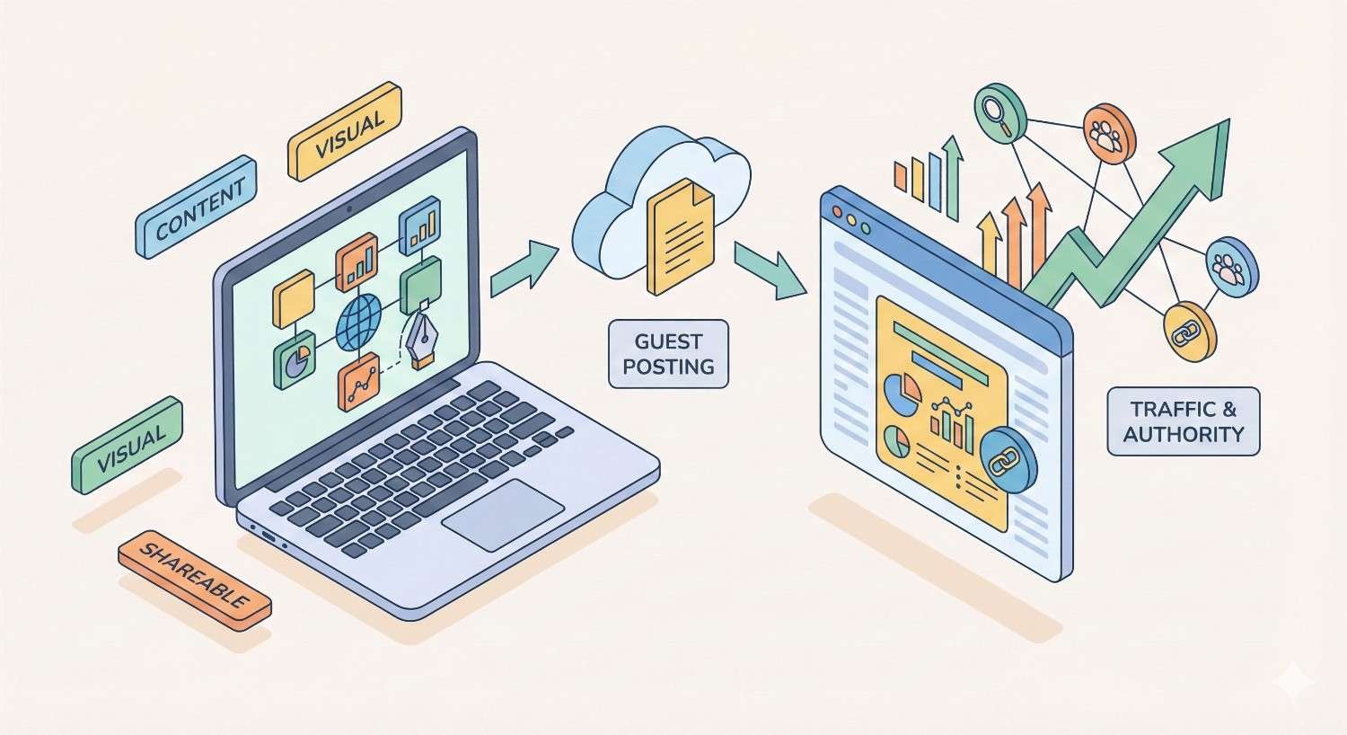 Illustration showing content and visual creation on a laptop leading to guest posting. Arrows connect to a website dashboard with rising graphs and backlinks, symbolizing increased traffic and authority through shareable visual content and strategic guest posting.