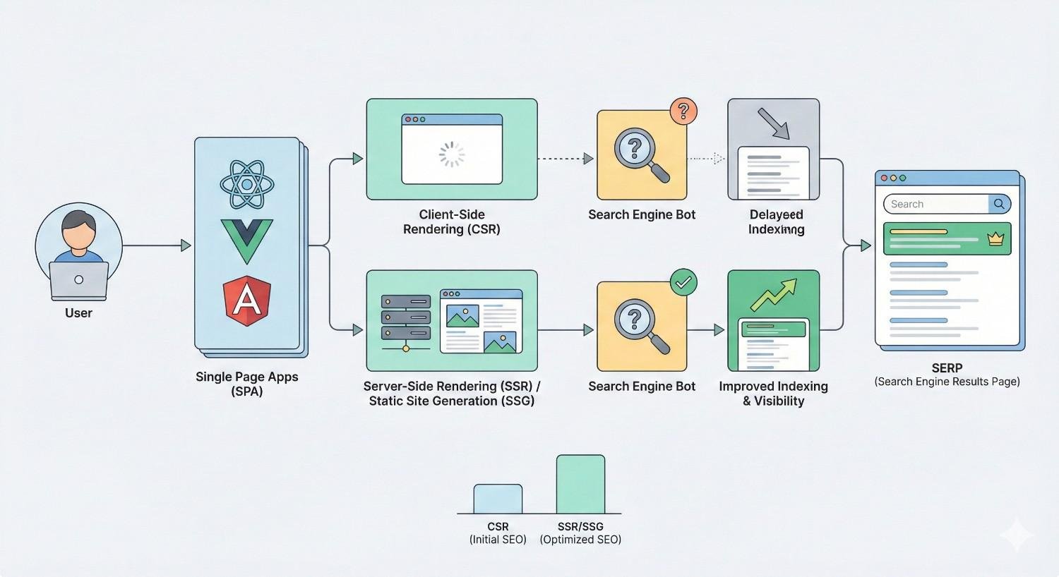 Diagram comparing SPA rendering methods: client-side rendering (CSR) leads to delayed indexing by search engine bots, while server-side rendering (SSR) or static site generation (SSG) enables improved indexing and visibility in search results. Includes SERP example and CSR vs SSR/SSG SEO comparison chart.