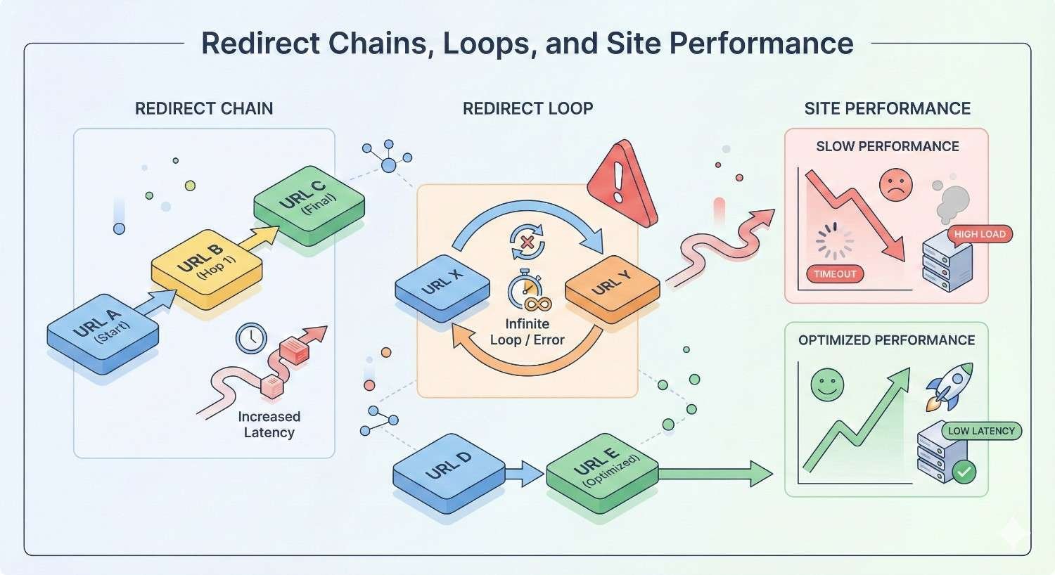 Infographic titled “Redirect Chains, Loops, and Site Performance.” Shows a redirect chain (URL A → B → C) increasing latency, a redirect loop between URL X and URL Y causing infinite error, and comparison of slow performance versus optimized performance with low latency and improved site speed.