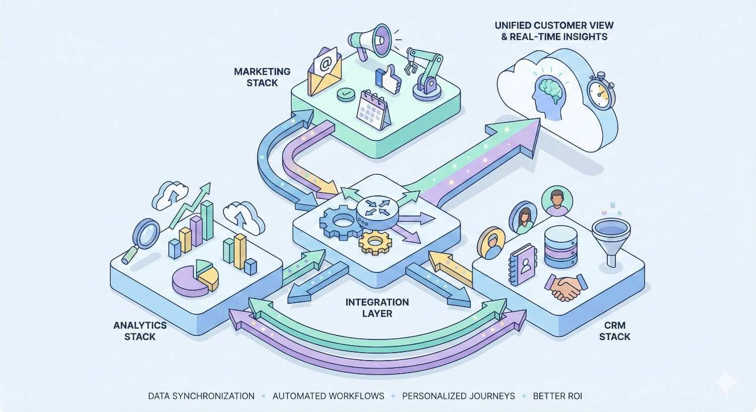 Illustration showing an integration layer connecting marketing, analytics, and CRM stacks, enabling data synchronization, automated workflows, and personalized customer journeys, resulting in a unified customer view, real-time insights, improved decision-making, and better ROI.