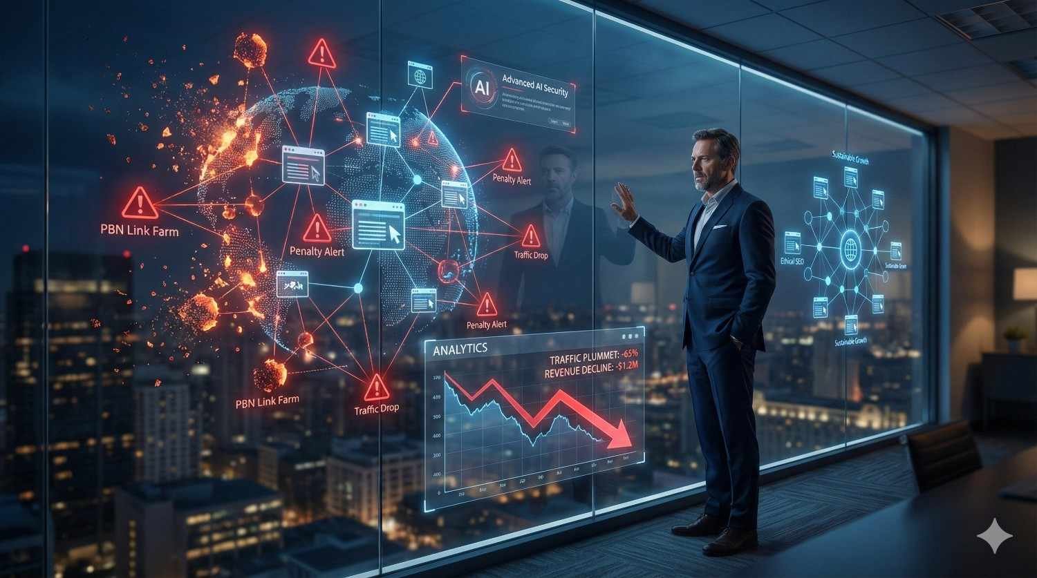 Businessman in a high-rise office viewing a glass wall display showing a global network map with warning icons, penalty alerts, traffic drops, PBN link farms, and declining revenue charts, symbolizing SEO risks, algorithm penalties, and digital security analysis.