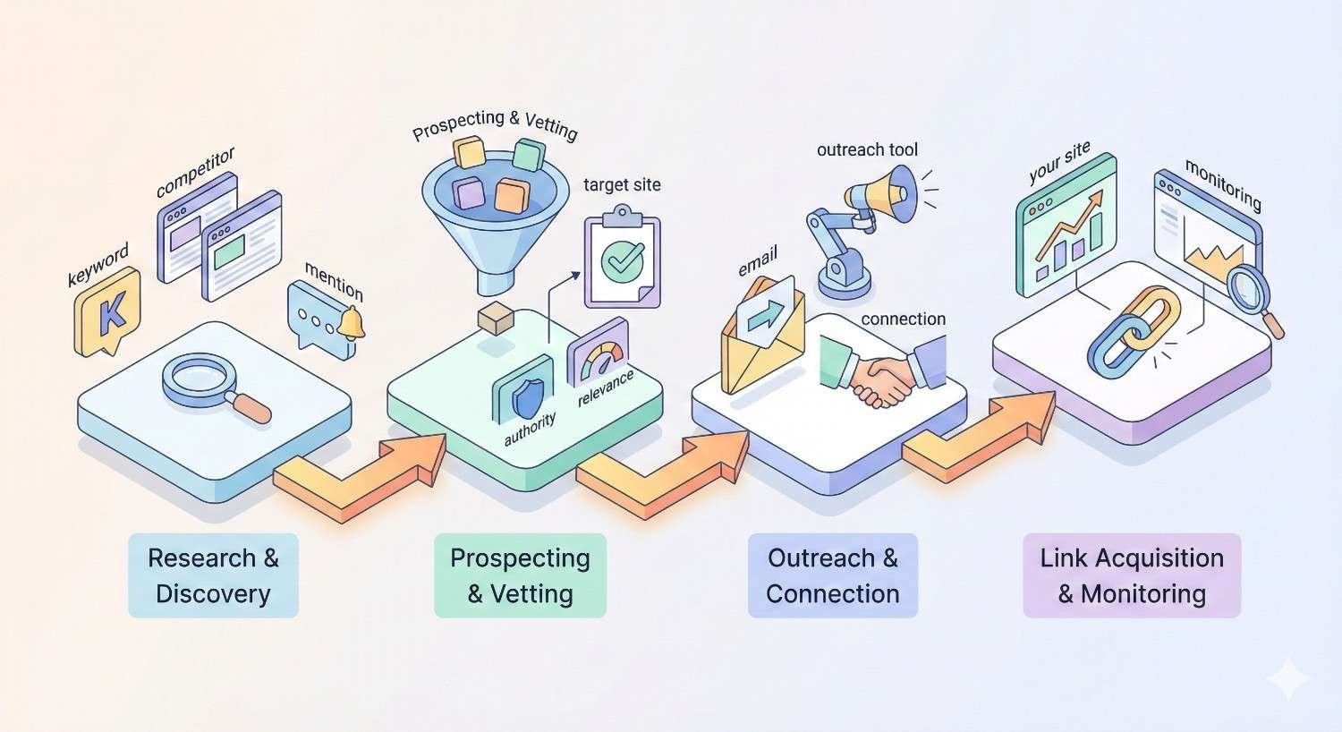 Infographic showing the link building process: research and discovery, prospecting and vetting for relevance and authority, outreach and connection via email, and link acquisition with ongoing monitoring to improve website growth and performance.