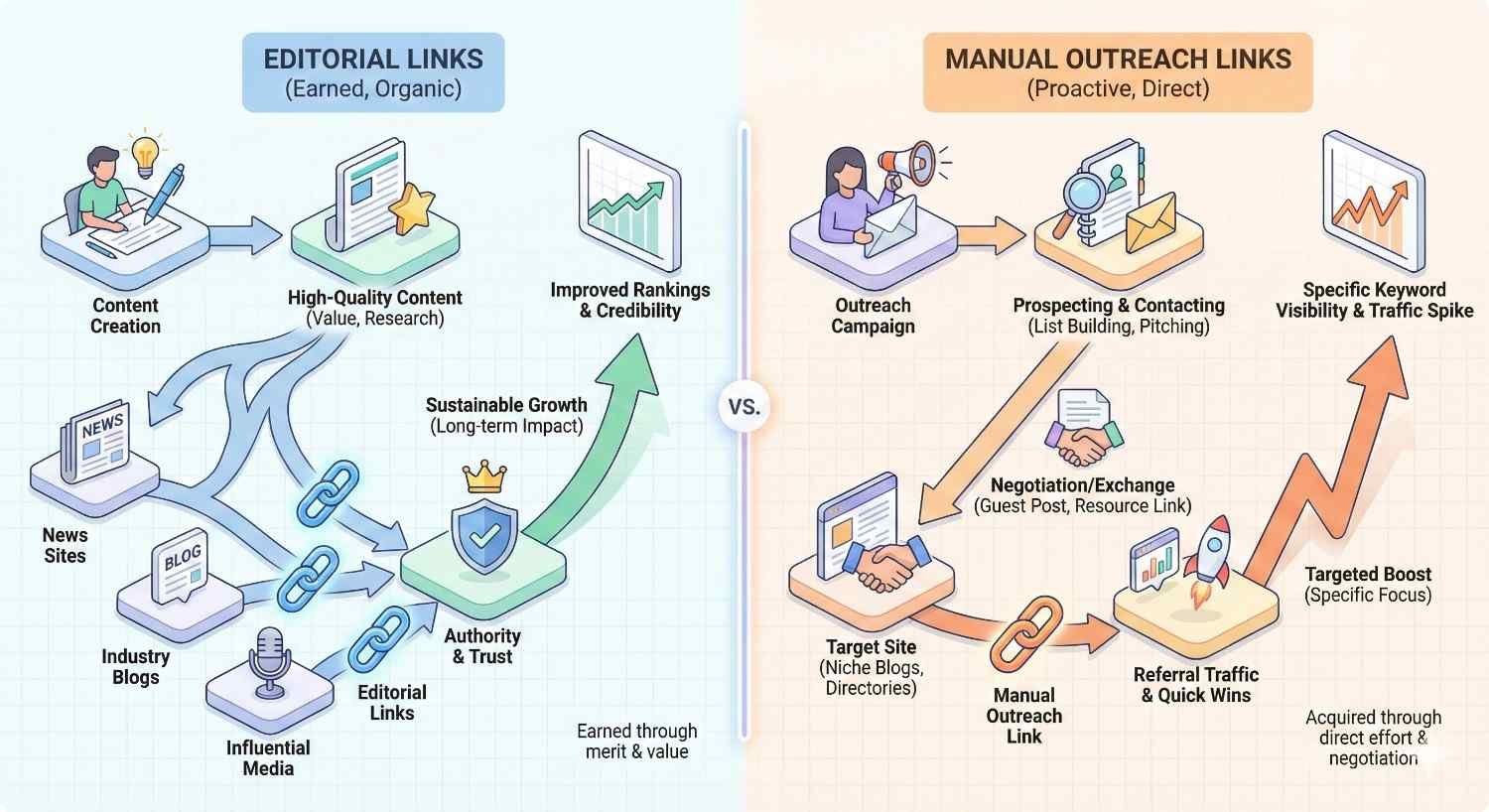 Infographic comparing “Editorial Links” and “Manual Outreach Links.” Left side shows earned links through high-quality content, news sites, industry blogs, and media, leading to authority, trust, and sustainable growth. Right side illustrates outreach campaigns, prospecting, negotiation, and manual links for targeted keyword boosts and quick traffic gains.