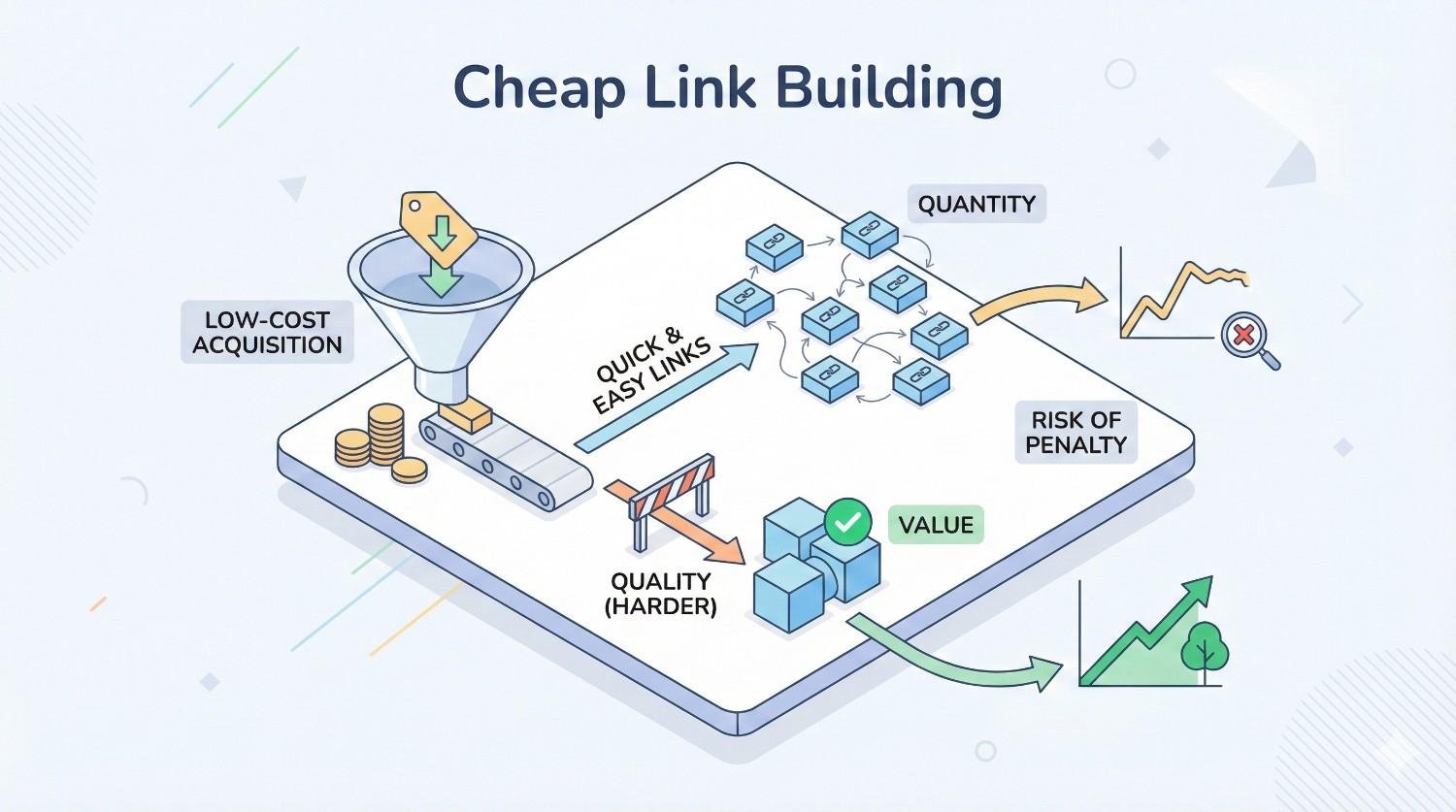 Infographic titled “Cheap Link Building” showing low-cost acquisition funnel producing quick, easy links focused on quantity, leading to risk of penalty. It contrasts harder quality links that deliver real value and sustainable growth, illustrated with checkmarks and an upward green chart.