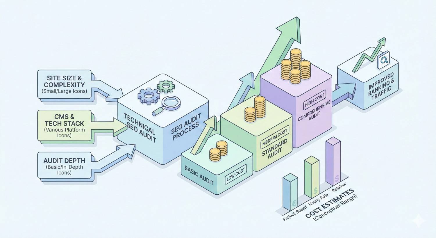 An isometric diagram explains technical SEO audit pricing, showing how site size, CMS stack, and audit depth affect costs. Blocks represent basic, standard, and comprehensive audits with increasing prices, leading to improved rankings and traffic, alongside a cost estimate comparison chart.