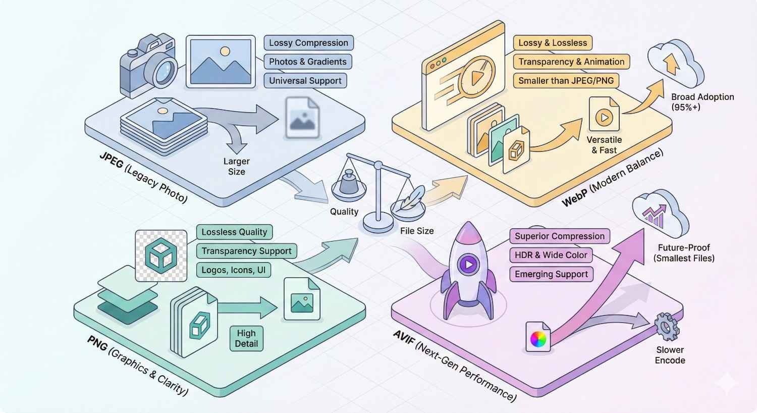 Infographic comparing image formats: JPEG for photos with lossy compression, PNG for lossless graphics and transparency, WebP for smaller versatile files, and AVIF for superior compression and HDR support. Shows trade-offs between quality, file size, compatibility, and encoding speed.