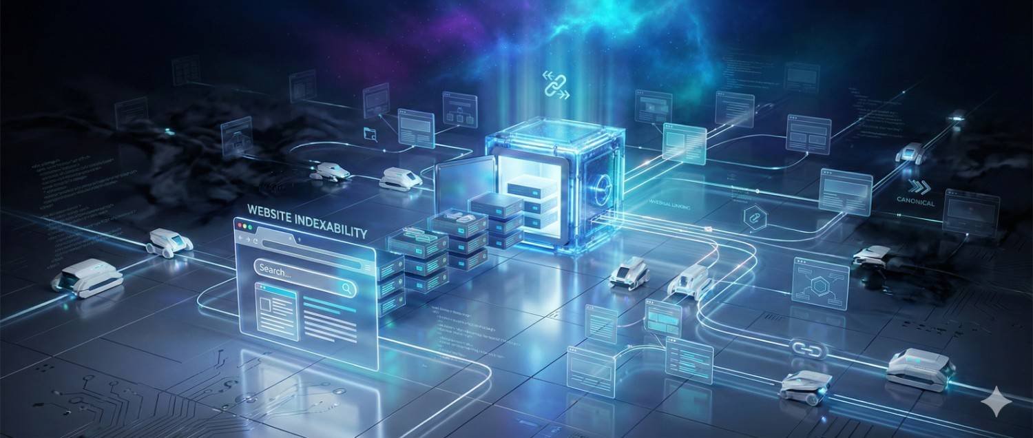 Futuristic illustration of website indexability, showing interconnected servers, data flows, and pages being processed and routed into a central indexing system, representing how search engines crawl, organize, and manage web content for visibility, canonicalization, and efficient indexing.