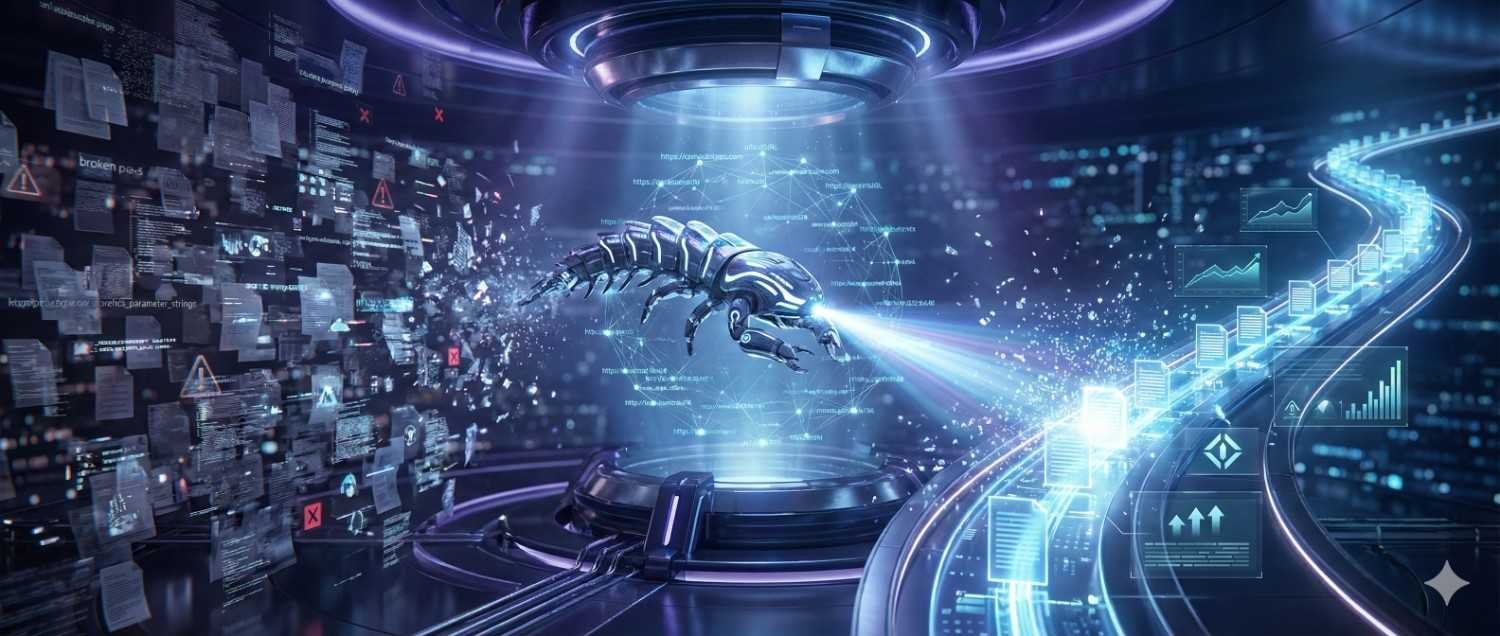 Futuristic visualization of a search engine crawler scanning vast streams of web data, with a robotic bot analyzing pages, filtering errors, processing structured information, and directing valid content into organized indexing paths, symbolizing advanced crawling, indexing, and SEO analytics.