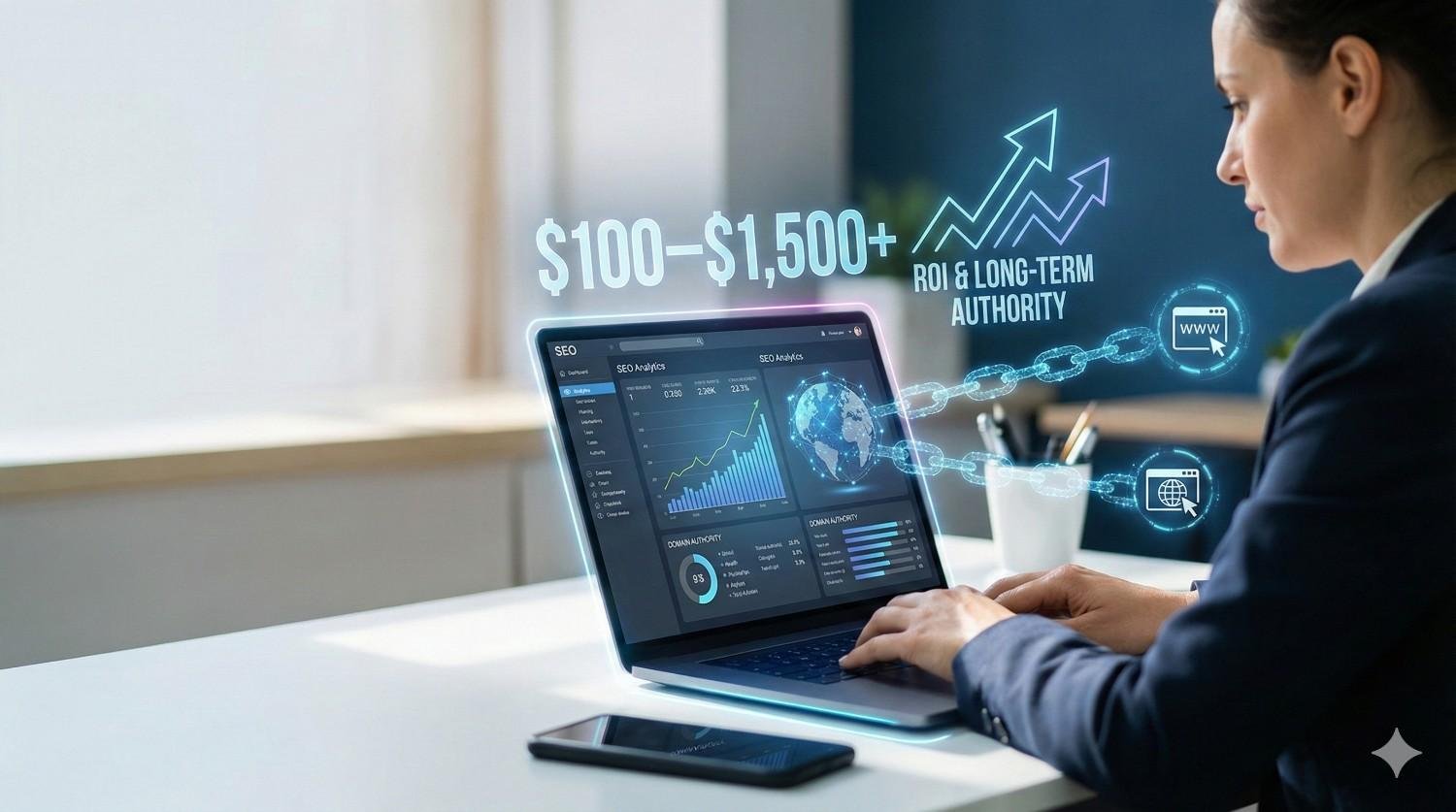 A businesswoman works on a laptop displaying SEO analytics and growth charts. A holographic overlay shows “$100–$1,500+” with “ROI & Long-Term Authority,” upward arrows, and chain link icons, symbolizing link building investment, website authority, and measurable search performance growth.