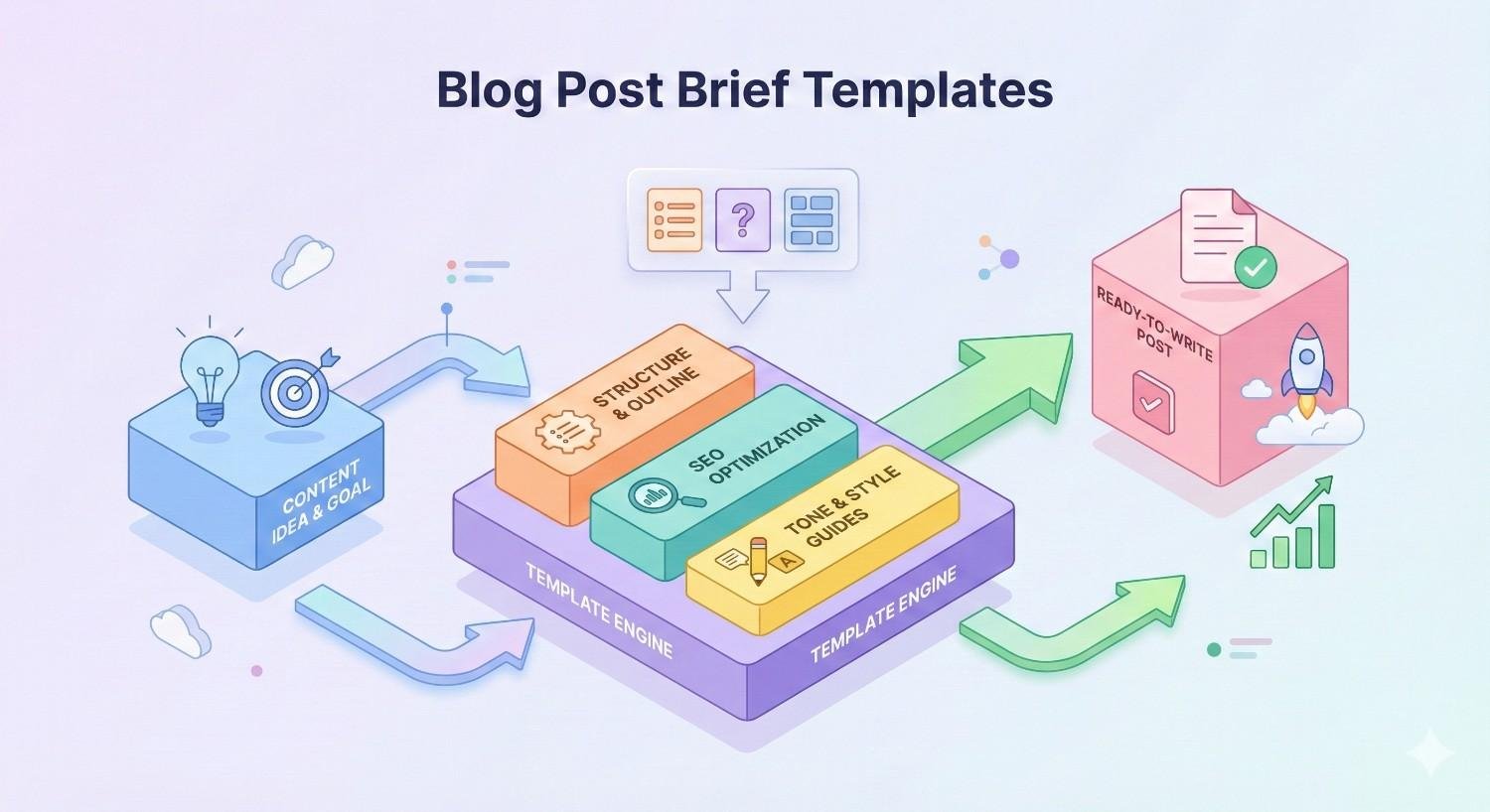 An illustrated graphic titled “Blog Post Brief Templates” shows content ideas flowing into a template engine with structure and outline, SEO optimization, and tone guides, producing a ready-to-write post, with arrows, icons, and growth indicators highlighting the streamlined workflow.