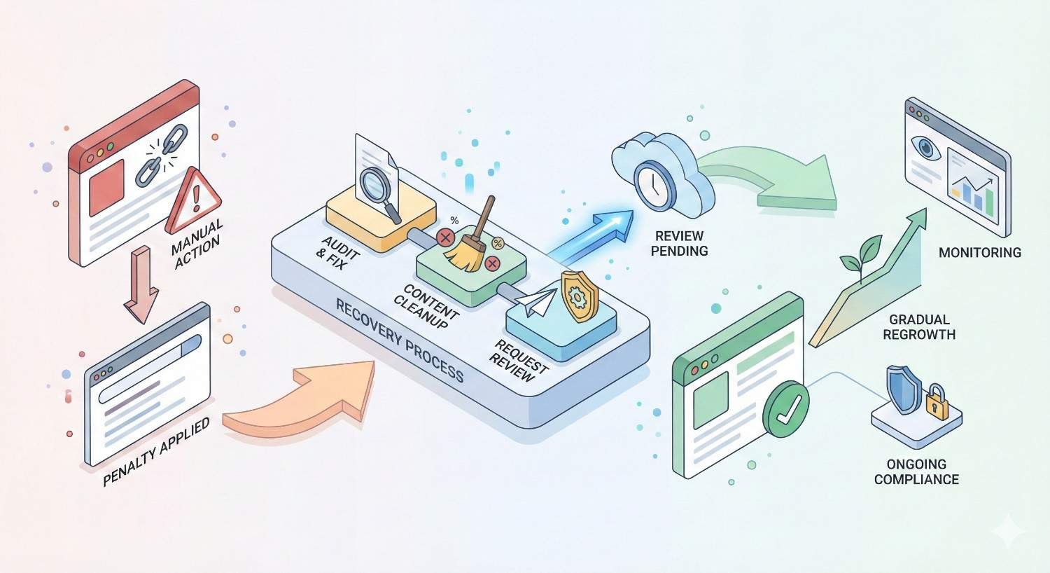 Infographic showing recovery from a manual penalty: audit and content cleanup, submitting a review request, waiting for approval, then gradual regrowth through monitoring and ongoing compliance, illustrated with arrows, checkmarks, shields, and progress charts.