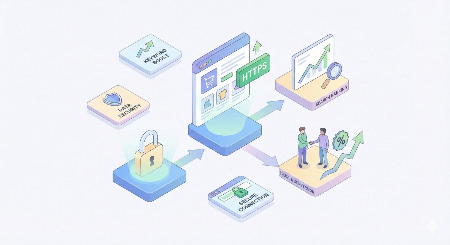 Illustration showing HTTPS benefits: a secure website with padlock connects to keyword boost, data security, improved search ranking, secure connection, and increased trust and conversions. Arrows highlight how HTTPS enhances SEO performance and user confidence.